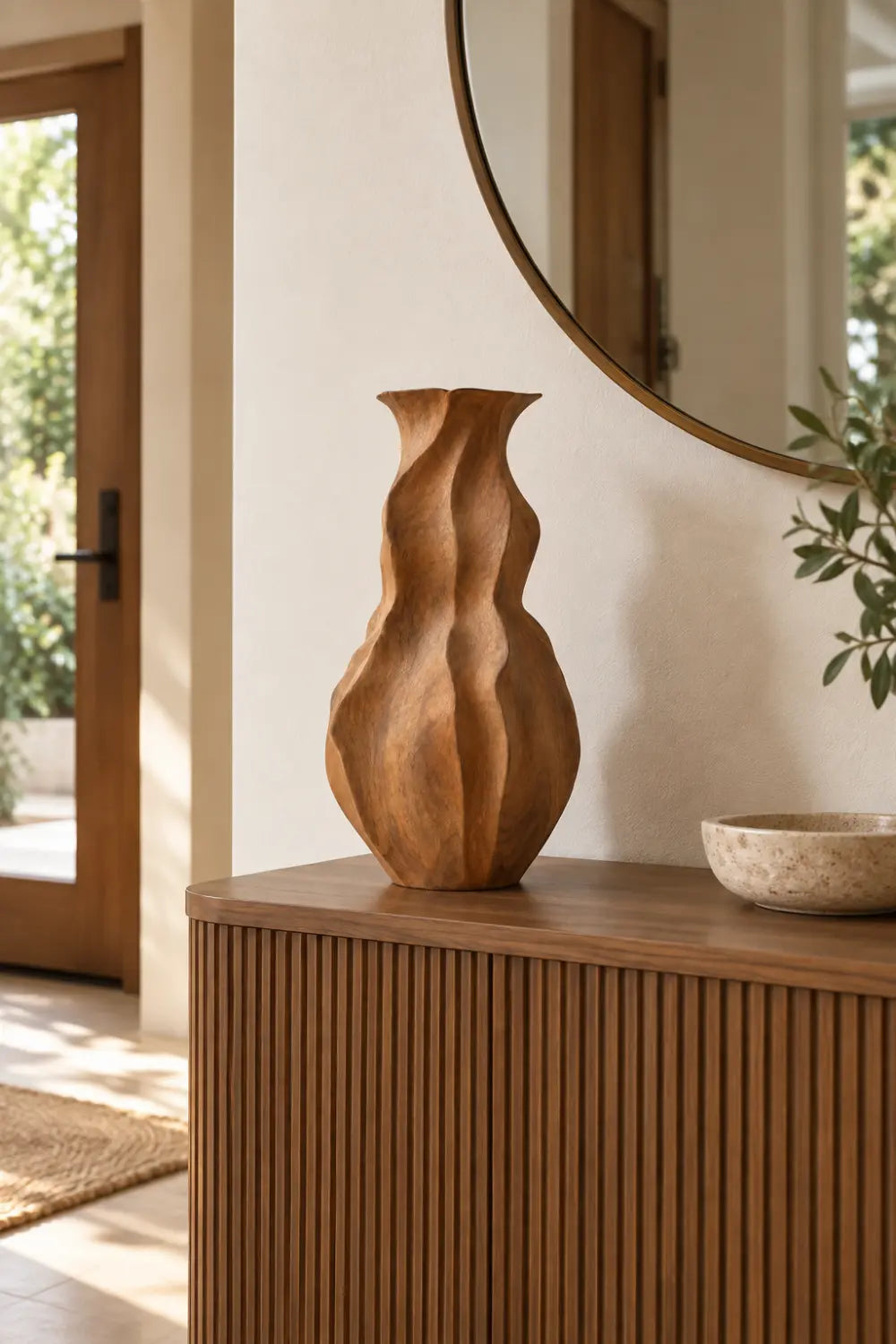 Wavy Fluted Wooden Vase Sculpture | Organic Undulating Vessel Tabletop Decor