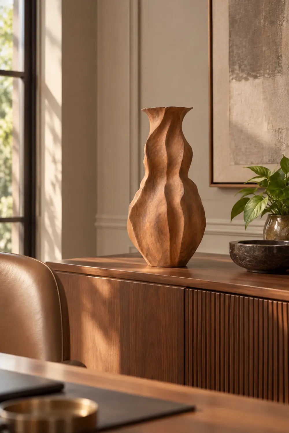 Wavy Fluted Wooden Vase Sculpture | Organic Undulating Vessel Tabletop Decor