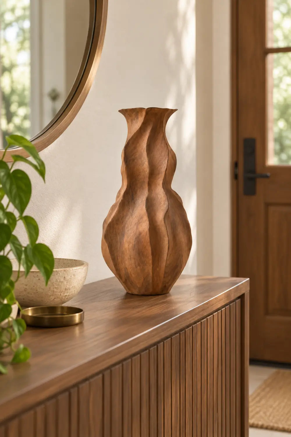 Wavy Fluted Wooden Vase Sculpture | Organic Undulating Vessel Tabletop Decor