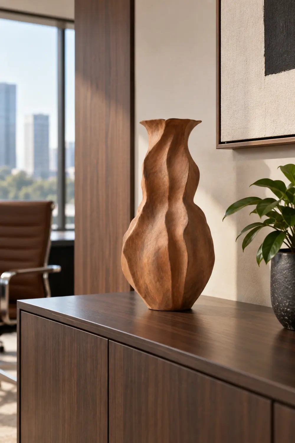 Wavy Fluted Wooden Vase Sculpture | Organic Undulating Vessel Tabletop Decor
