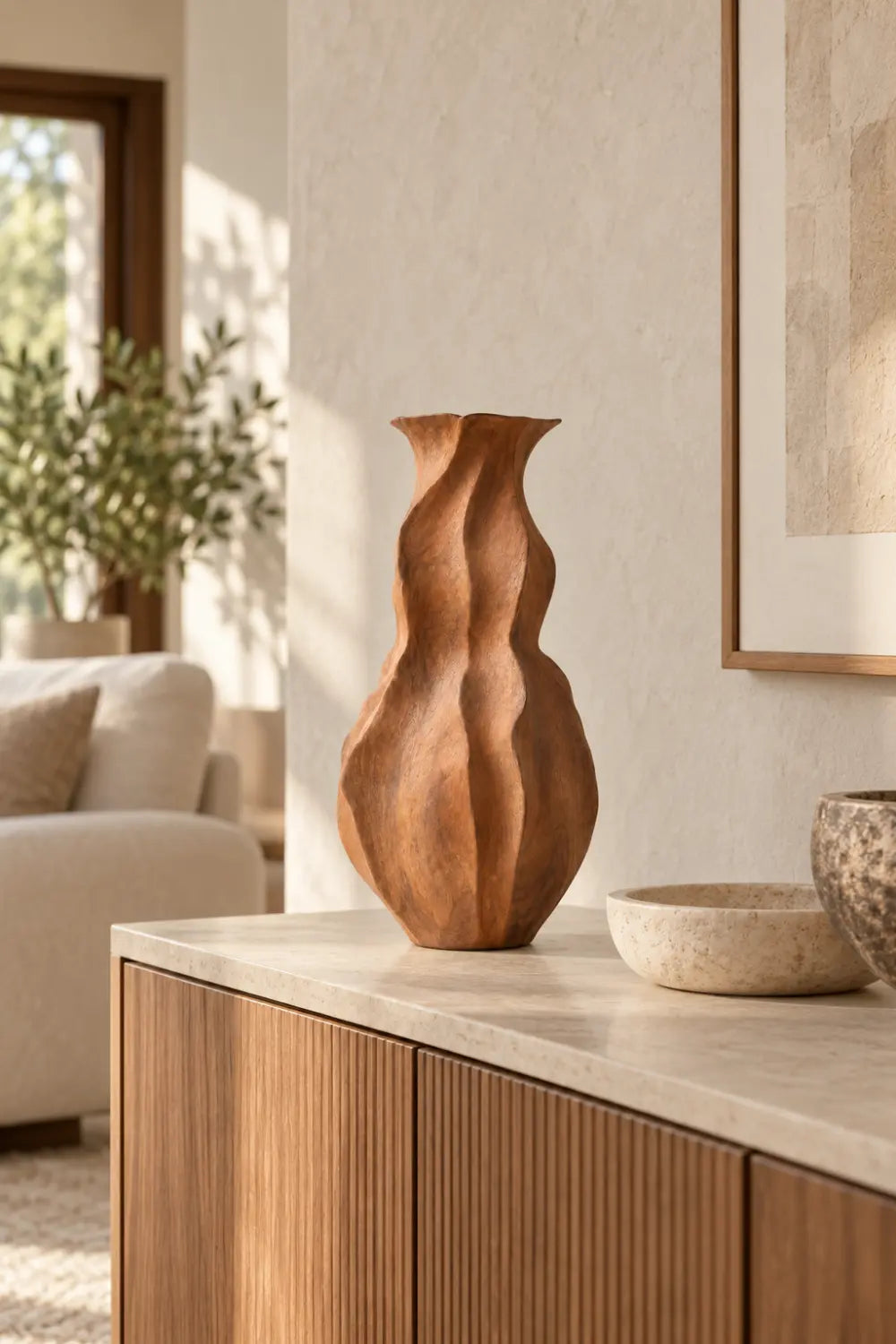 Wavy Fluted Wooden Vase Sculpture | Organic Undulating Vessel Tabletop Decor