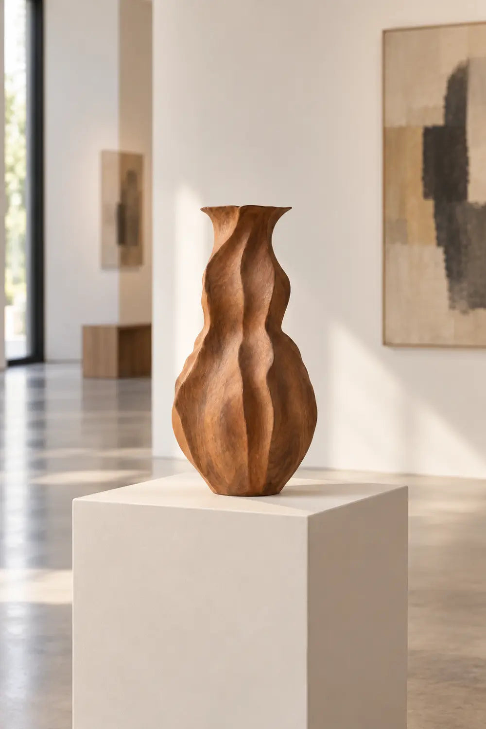 Wavy Fluted Wooden Vase Sculpture | Organic Undulating Vessel Tabletop Decor