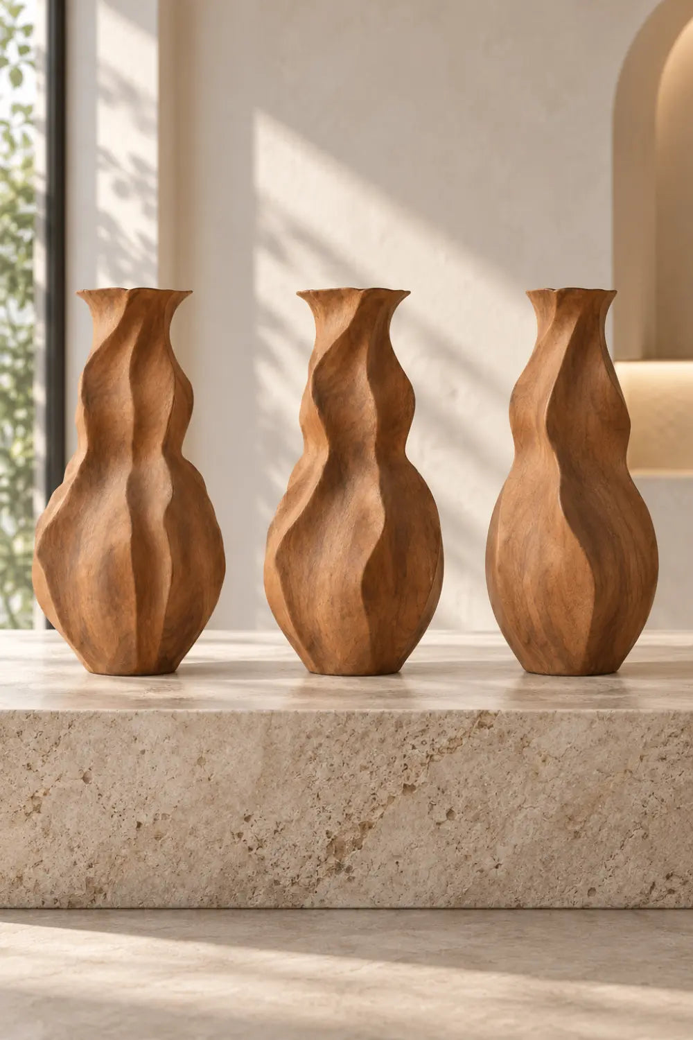 Wavy Fluted Wooden Vase Sculpture | Organic Undulating Vessel Tabletop Decor