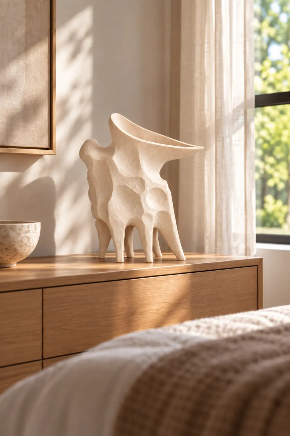 Hand Carved Light Wood Vase Sculpture | Abstract Asymmetrical Vessel Home Decor