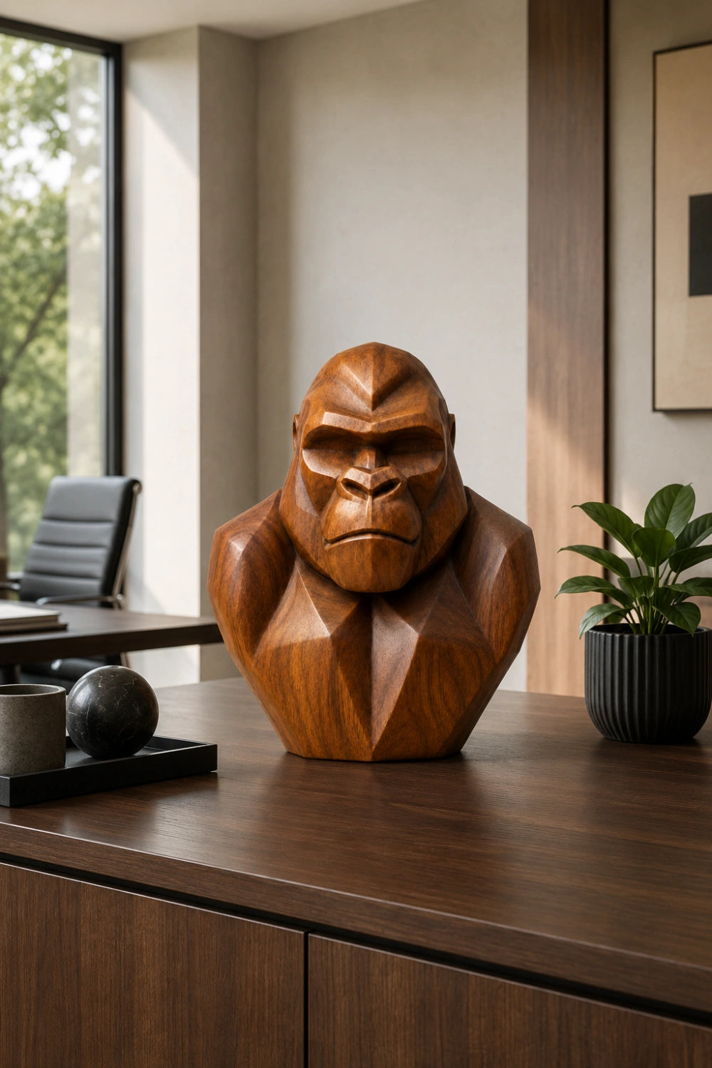 Faceted Wood Gorilla Bust | Bold Geometric Office Decor Unique Gift Idea