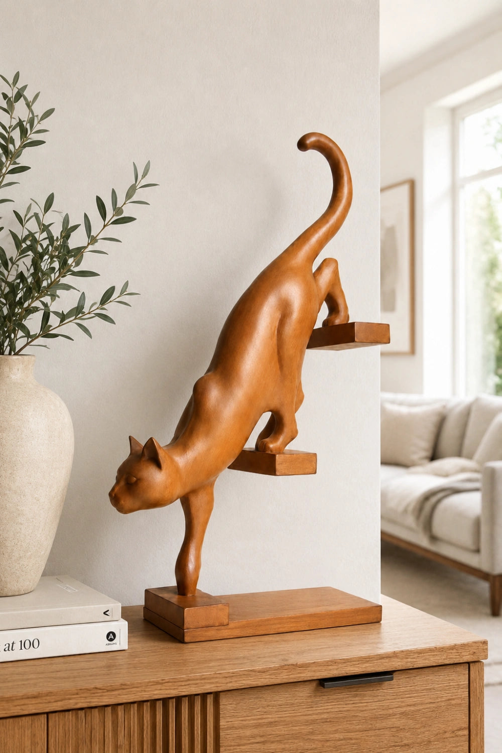 Hand-Carved Wooden Cat Sculpture Modern Abstract Animal Art For Home Decor