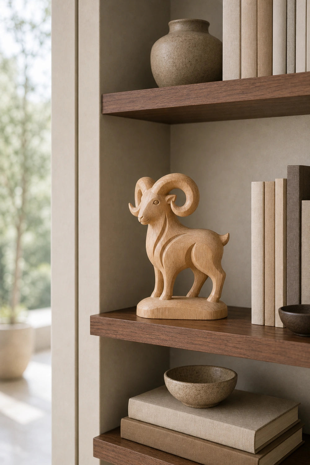 Hand-Carved Wooden Ram Sculpture Abstract Animal Art For Modern Home Decor