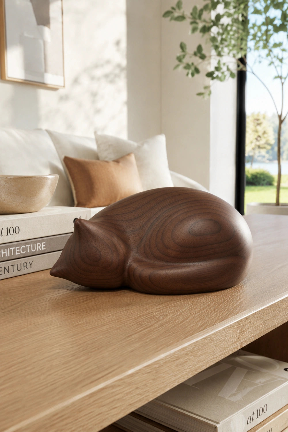 Minimalist Wood Cat Sculpture | Abstract Sleeping Figurine Decor