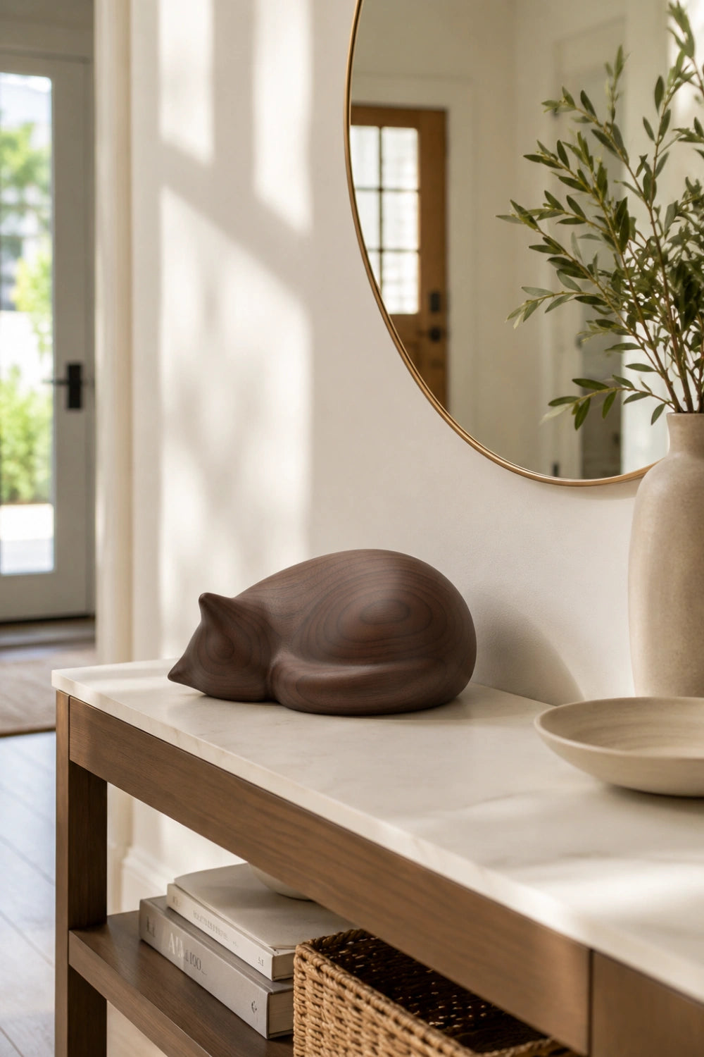 Minimalist Wood Cat Sculpture | Abstract Sleeping Figurine Decor