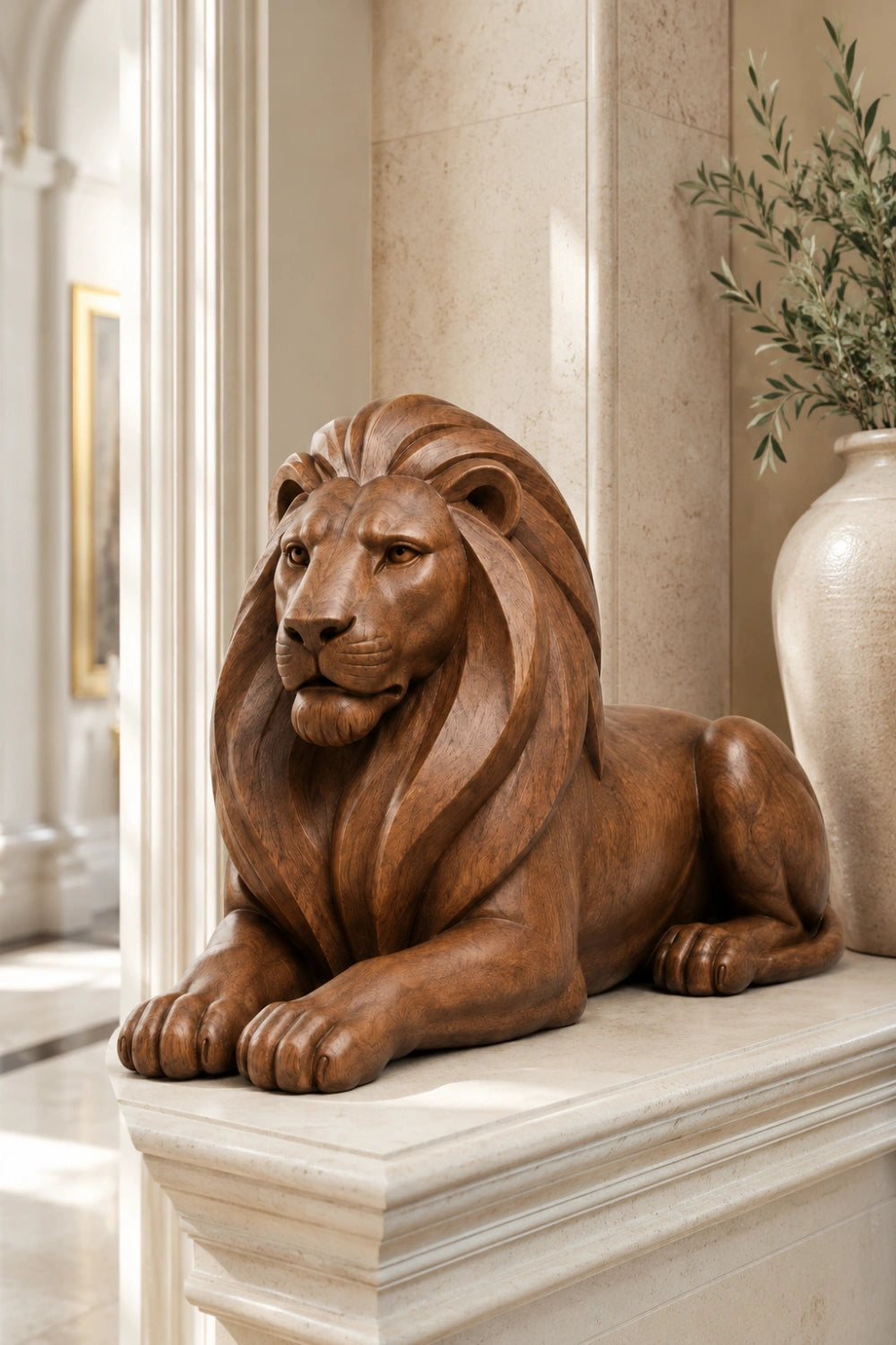 Artisanal Handcarved Wooden Lion | Majestic Lying Sculpture