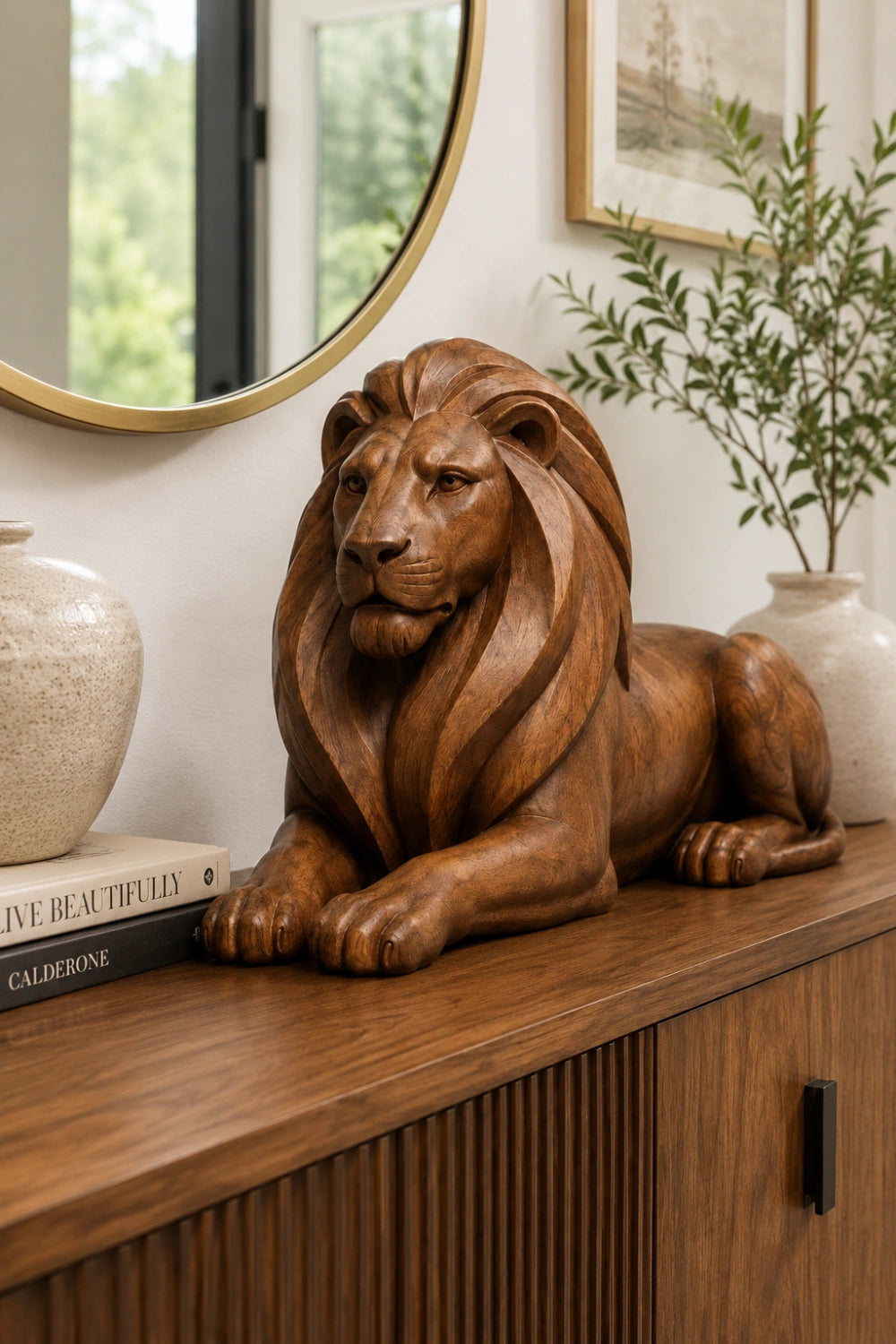 Artisanal Handcarved Wooden Lion | Majestic Lying Sculpture