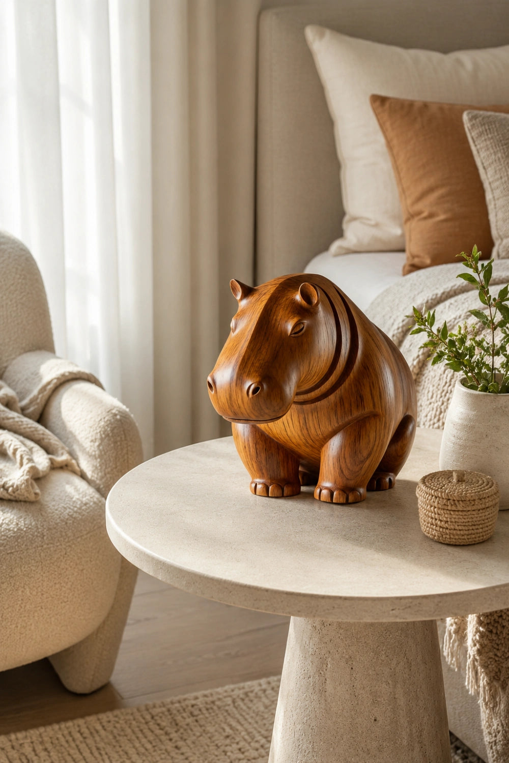 Solid Wood Hippopotamus Figurine | Premium Organic Modern Safari Decor
