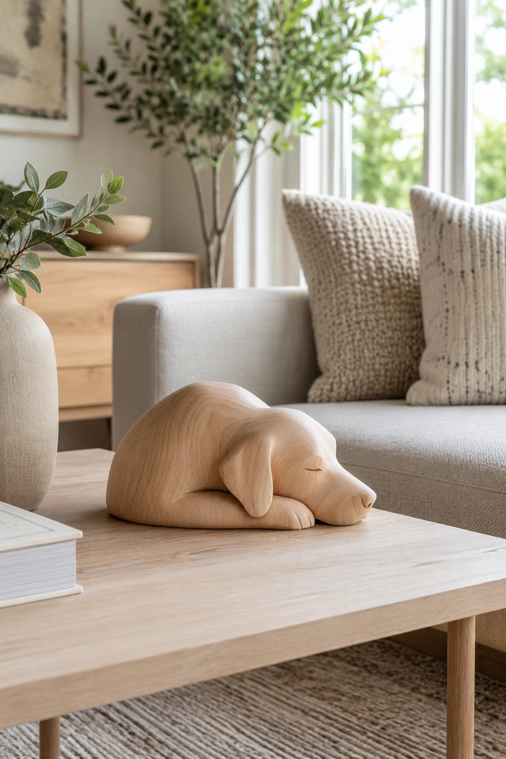 Serene Light Wood Dog Statuette | Peaceful Pet Remembrance Gift