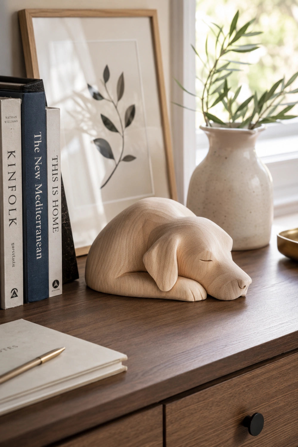 Serene Light Wood Dog Statuette | Peaceful Pet Remembrance Gift