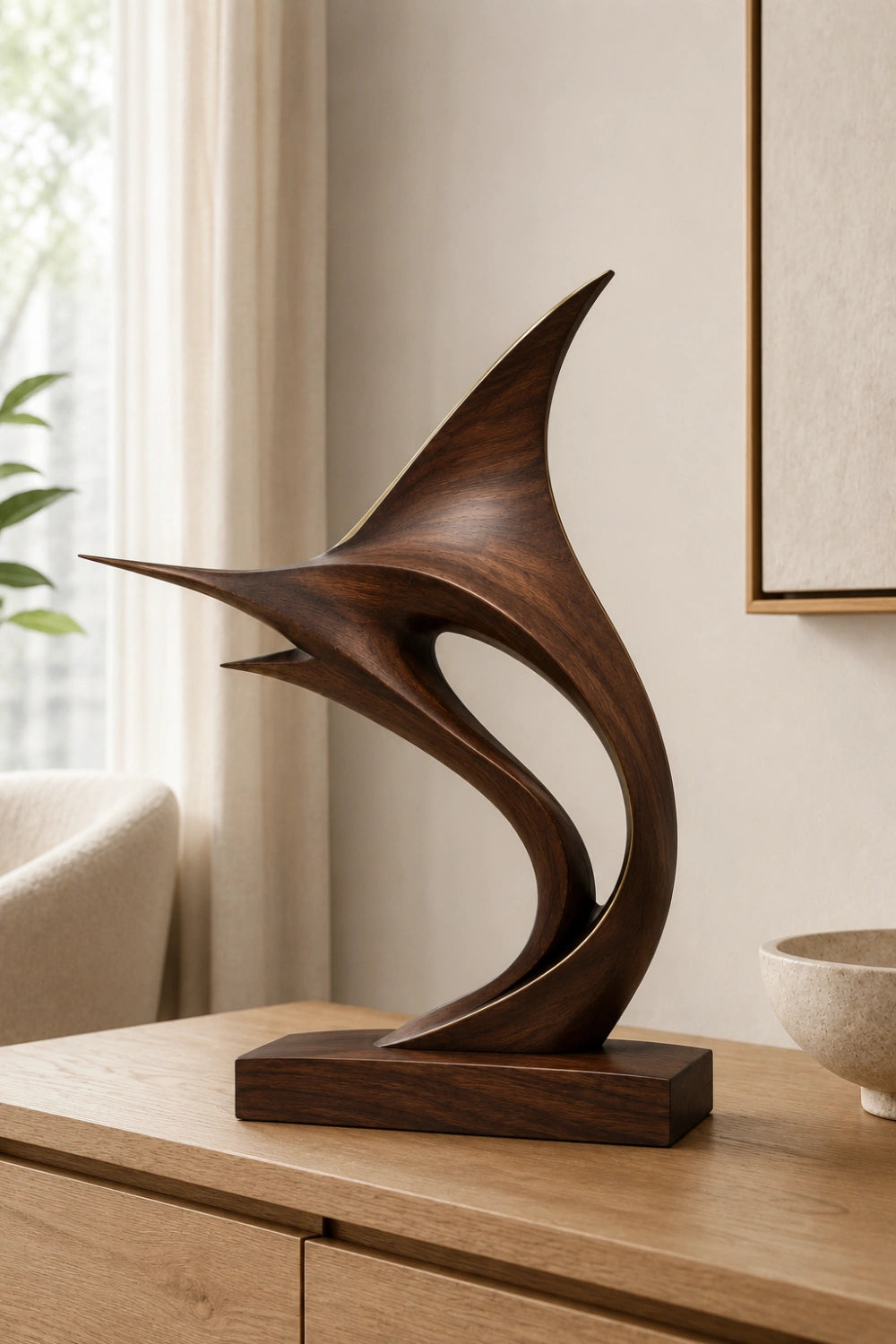 Modern Marlin Wood Sculpture | Luxury Coastal Marine Art