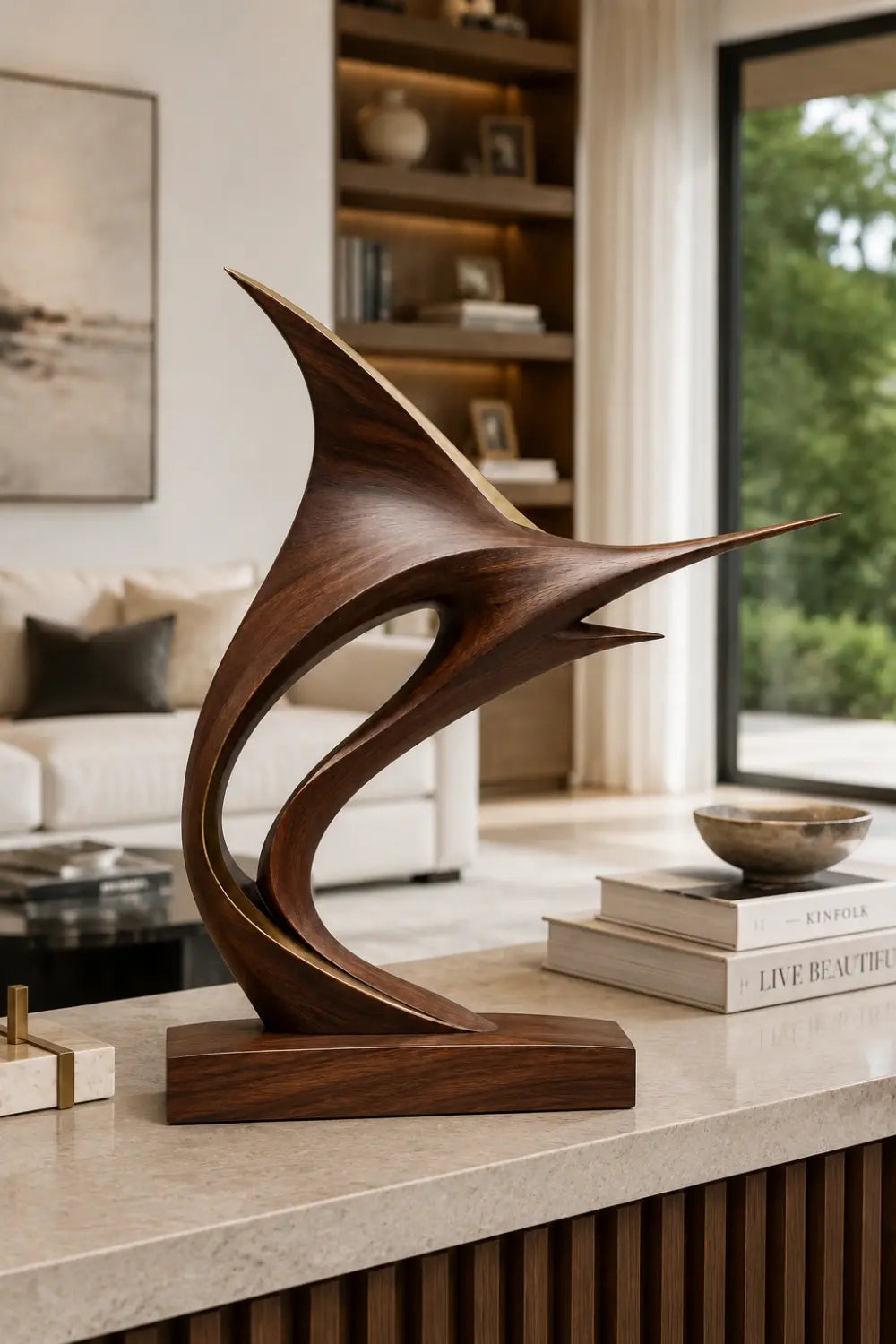 Modern Marlin Wood Sculpture | Luxury Coastal Marine Art
