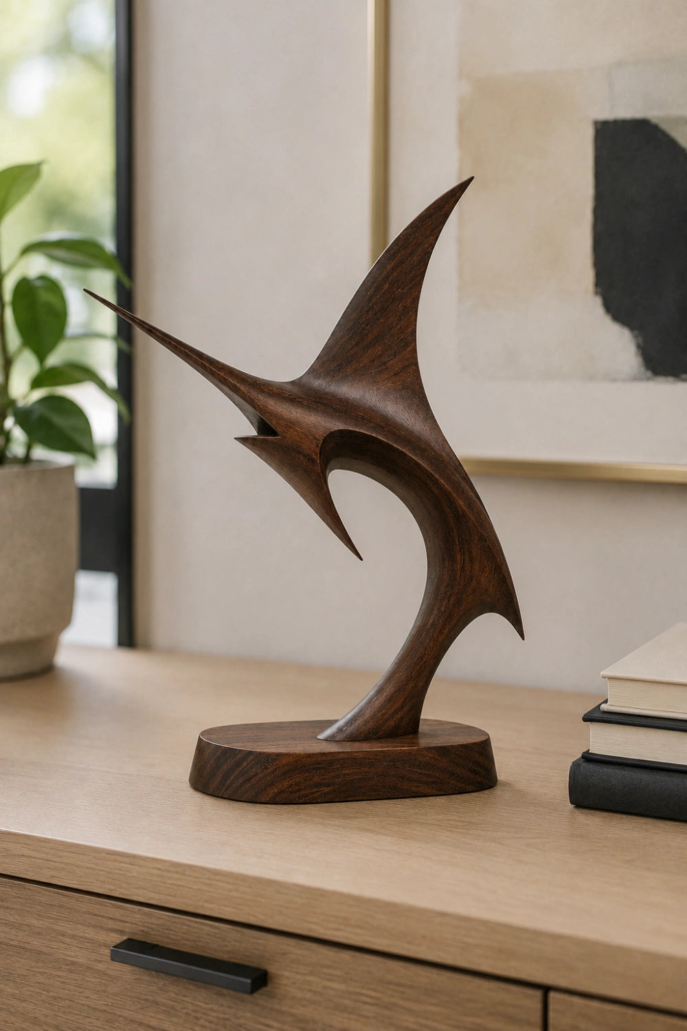 Fluid Abstract Wood Sailfish Statue | Sleek Nautical Decor Premium Gift