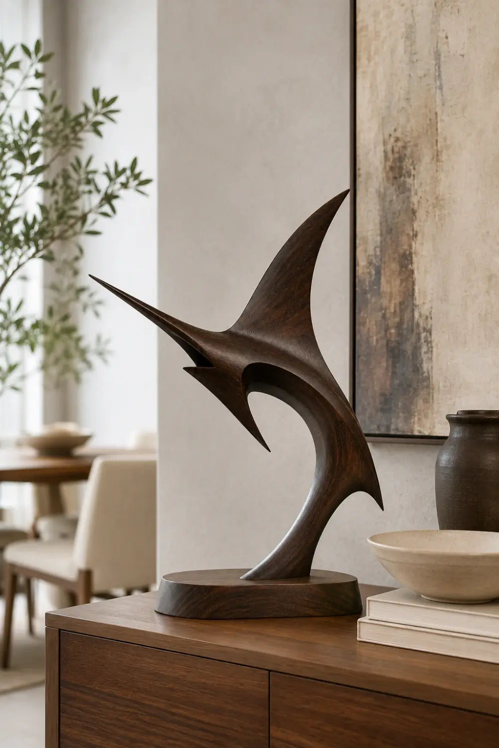 Fluid Abstract Wood Sailfish Statue | Sleek Nautical Decor Premium Gift