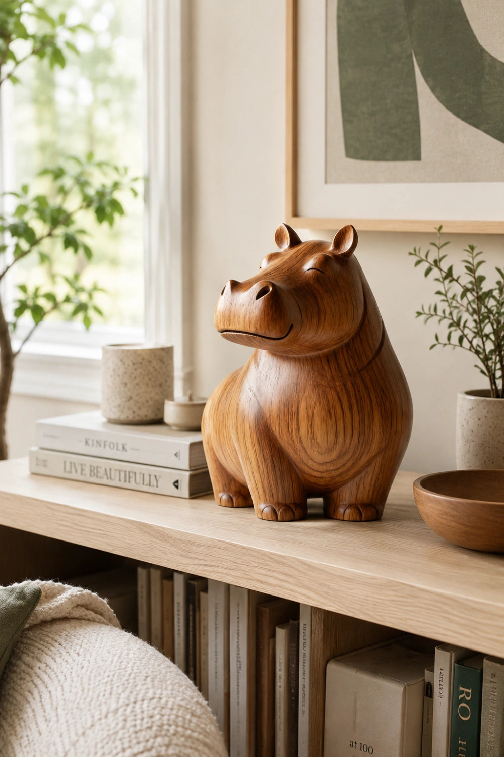 Whimsical Wood Hippo Figurine | Minimalist Animal Decor | Charming Gift Idea