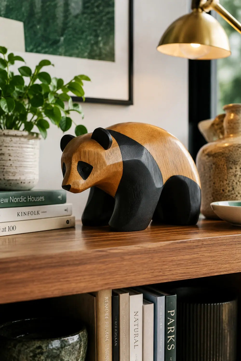 Two-Tone Wood Panda Sculpture | Playful Modernist Decor Collectible Gift