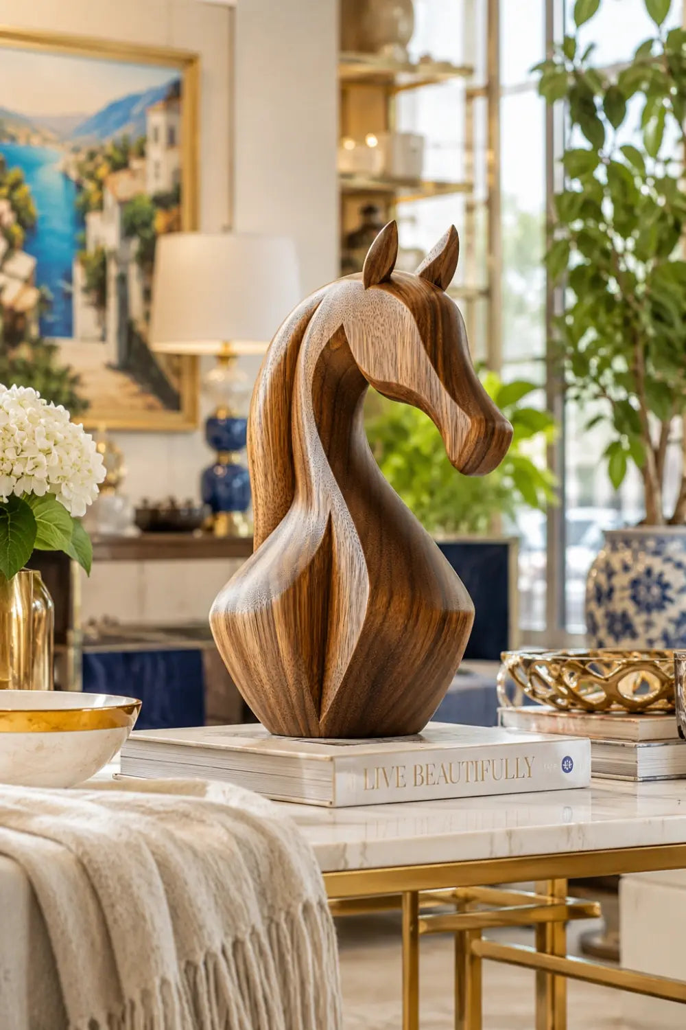 Sleek Wood Horse Head Sculpture | Elegant Equestrian Decor Distinctive Gift