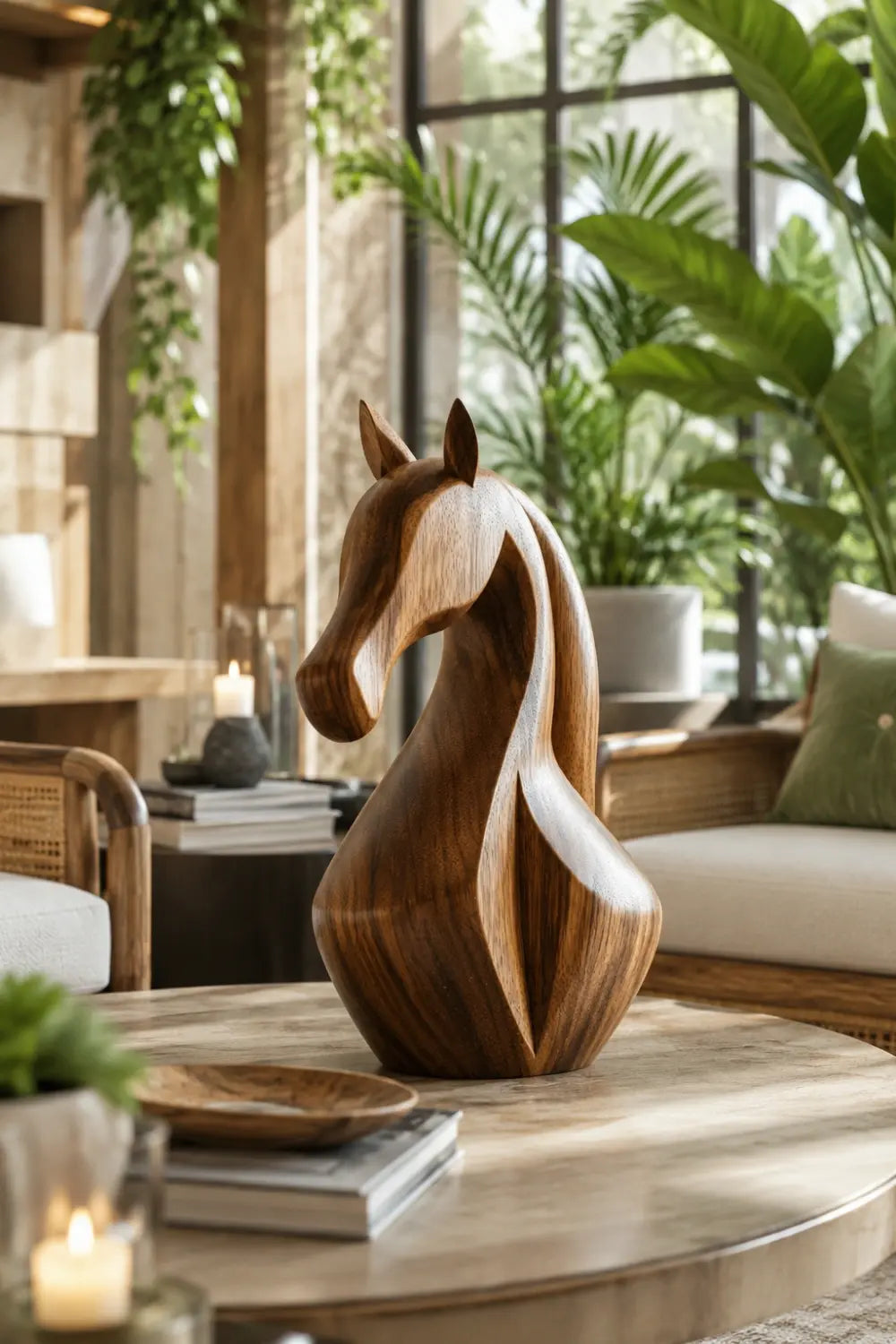 Sleek Wood Horse Head Sculpture | Elegant Equestrian Decor Distinctive Gift