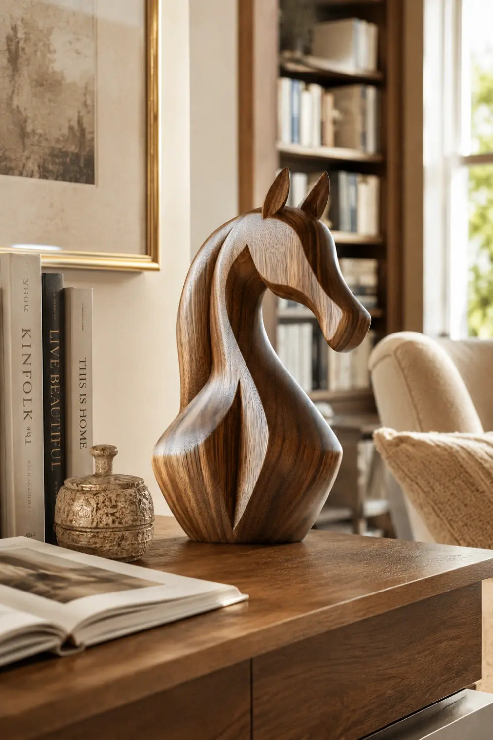 Sleek Wood Horse Head Sculpture | Elegant Equestrian Decor Distinctive Gift