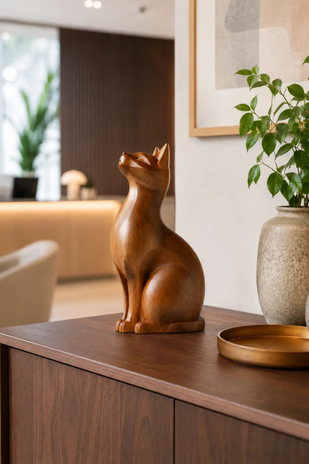 Geometric Wood Sitting Cat Sculpture | Elegant Feline Art Decor