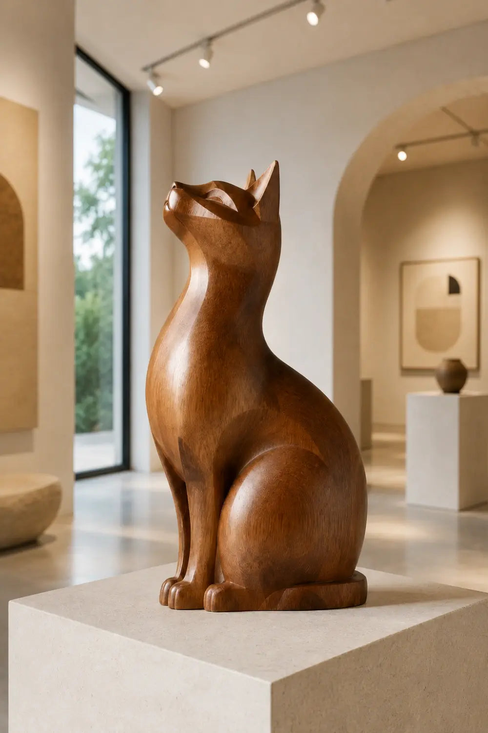 Geometric Wood Sitting Cat Sculpture | Elegant Feline Art Decor