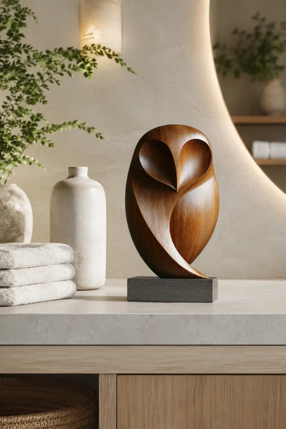 Stylized Wooden Barn Owl Sculpture | Mid-Century Bird Art Decor