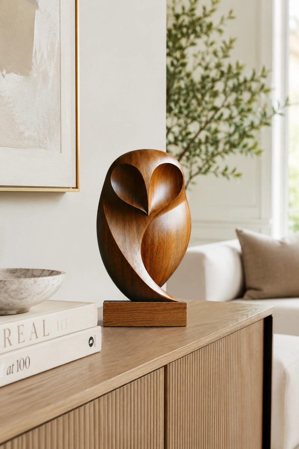 Stylized Wooden Barn Owl Sculpture | Mid-Century Bird Art Decor