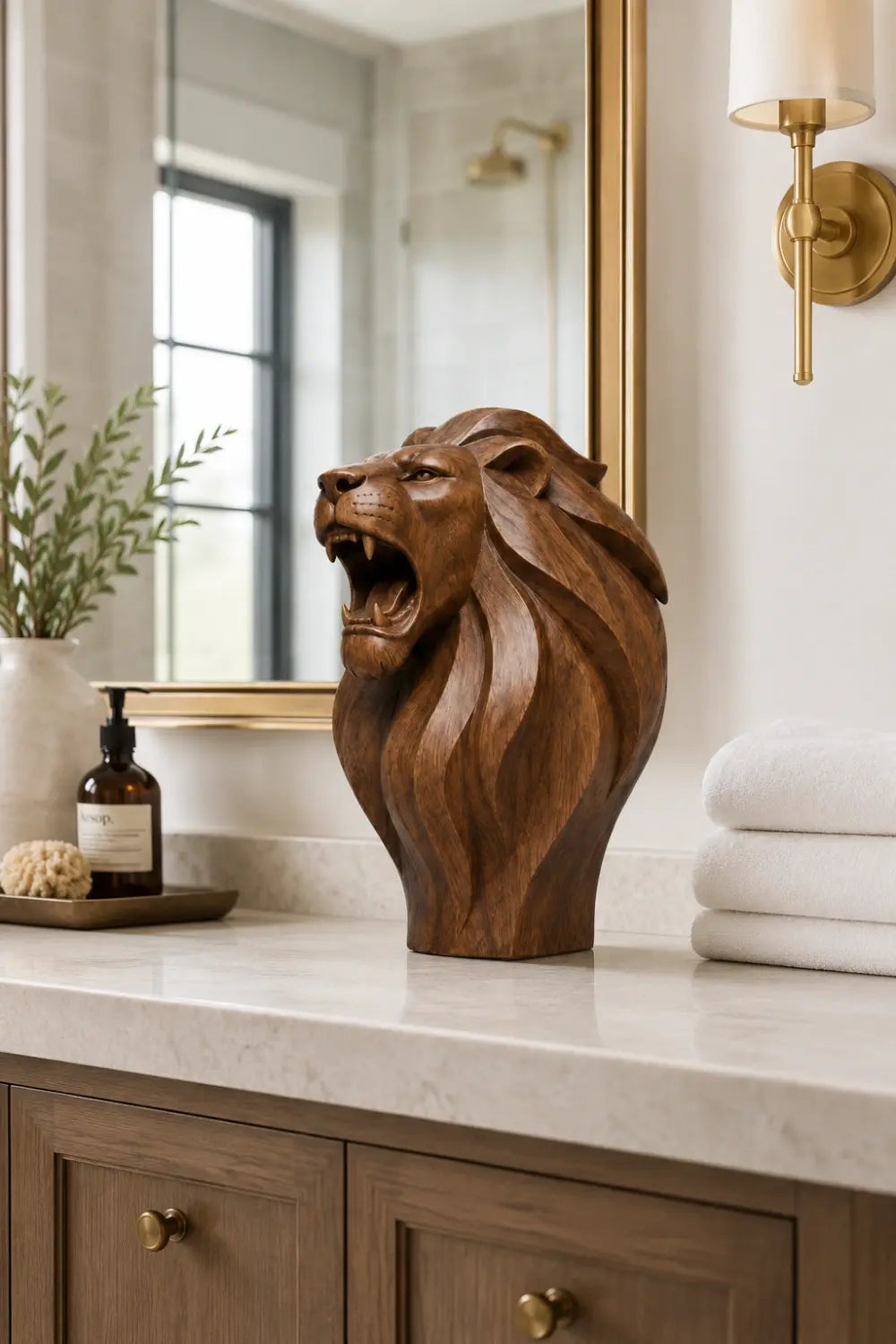 Roaring Wooden Lion Scupture| Majestic Power Office Decor | Bold Regal Gift