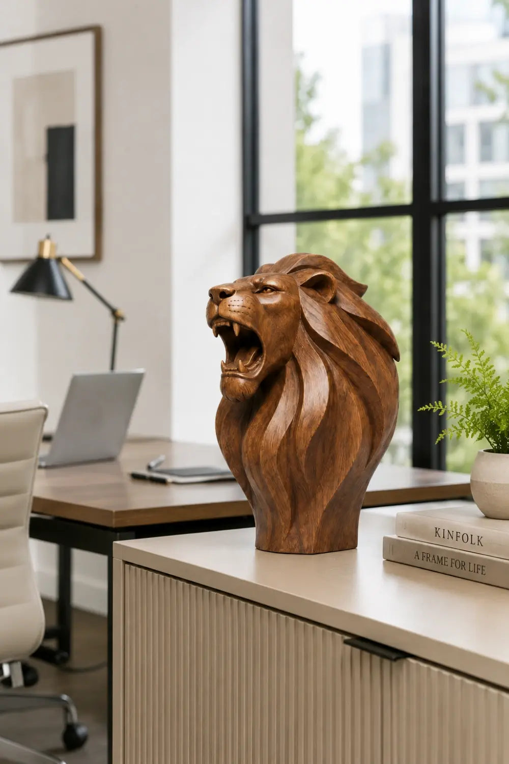 Roaring Wooden Lion Scupture| Majestic Power Office Decor | Bold Regal Gift