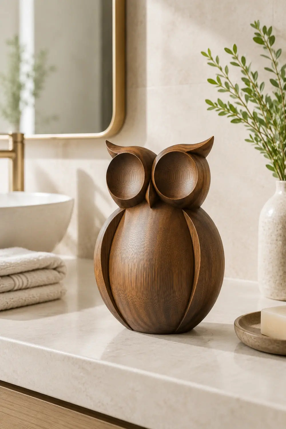 Warm Minimalist Wood Owl Sculpture | Contemporary Woodland Decor