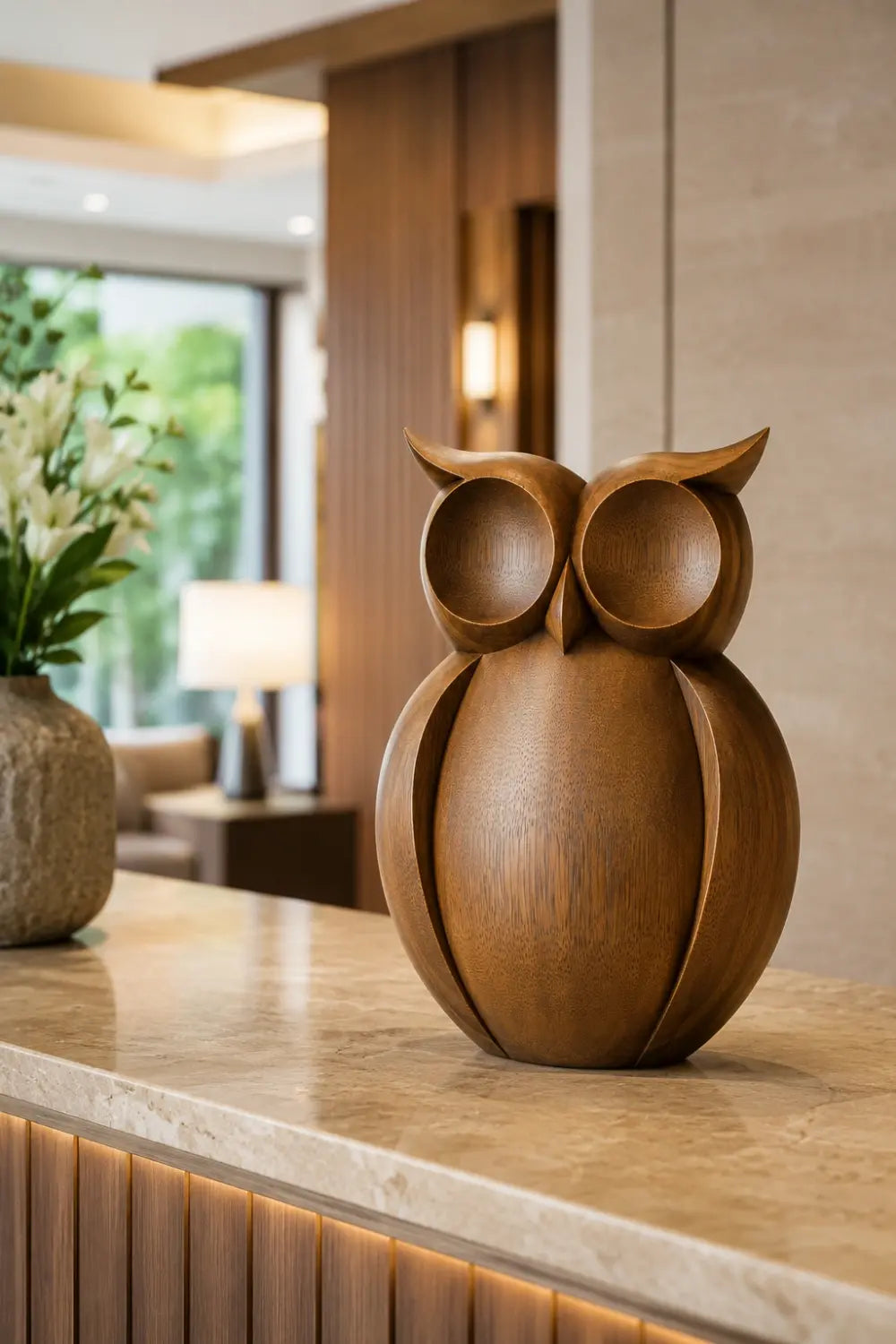 Warm Minimalist Wood Owl Sculpture | Contemporary Woodland Decor