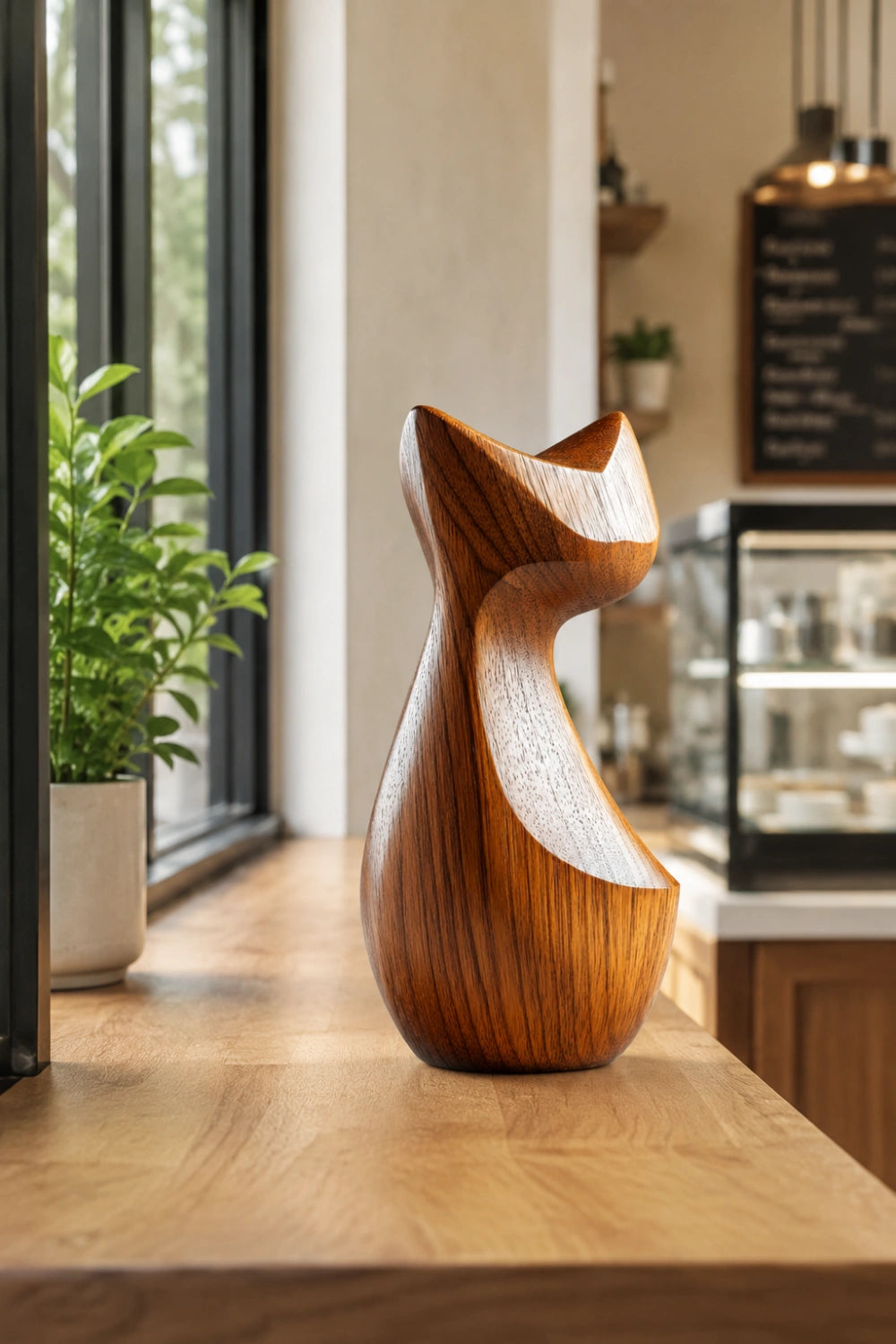 Modernist Timber Cat Figurine | Scandinavian Organic Feline Decor