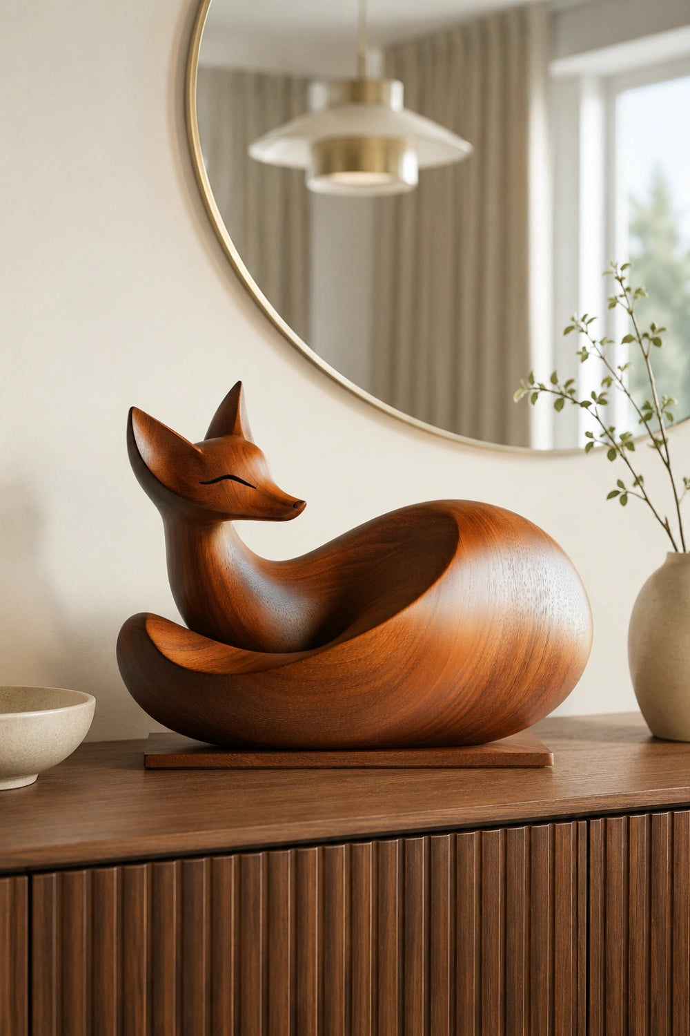 Polished Wood Fox Carving Sculpture | Elegant Woodland Animal Art