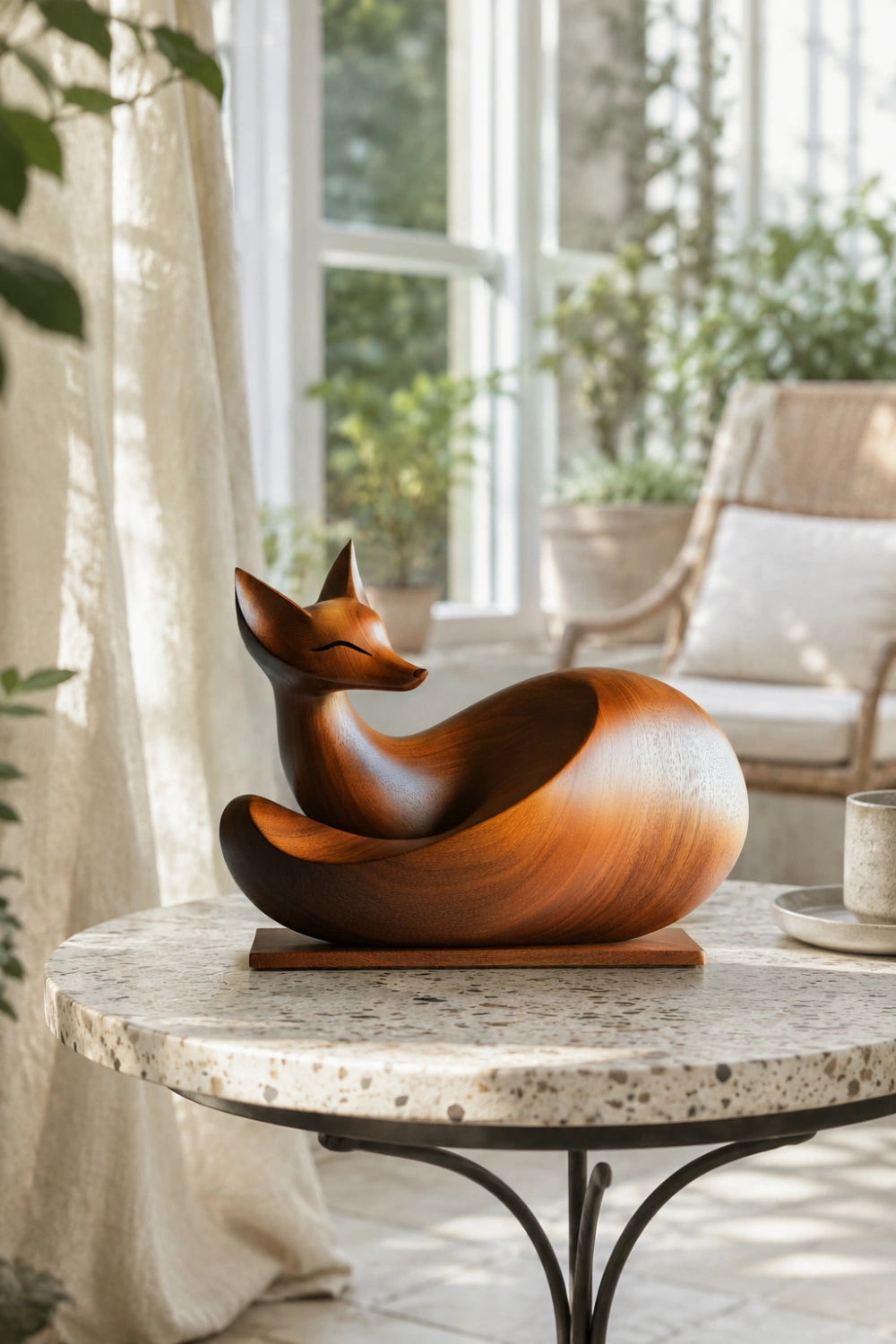 Polished Wood Fox Carving Sculpture | Elegant Woodland Animal Art