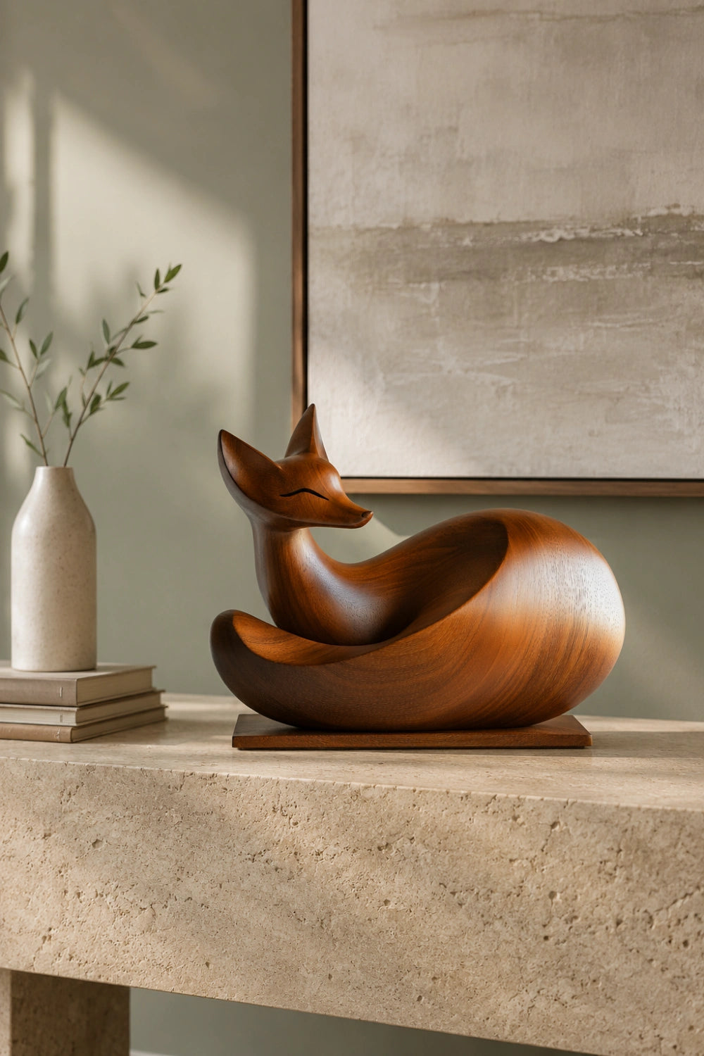 Polished Wood Fox Carving Sculpture | Elegant Woodland Animal Art