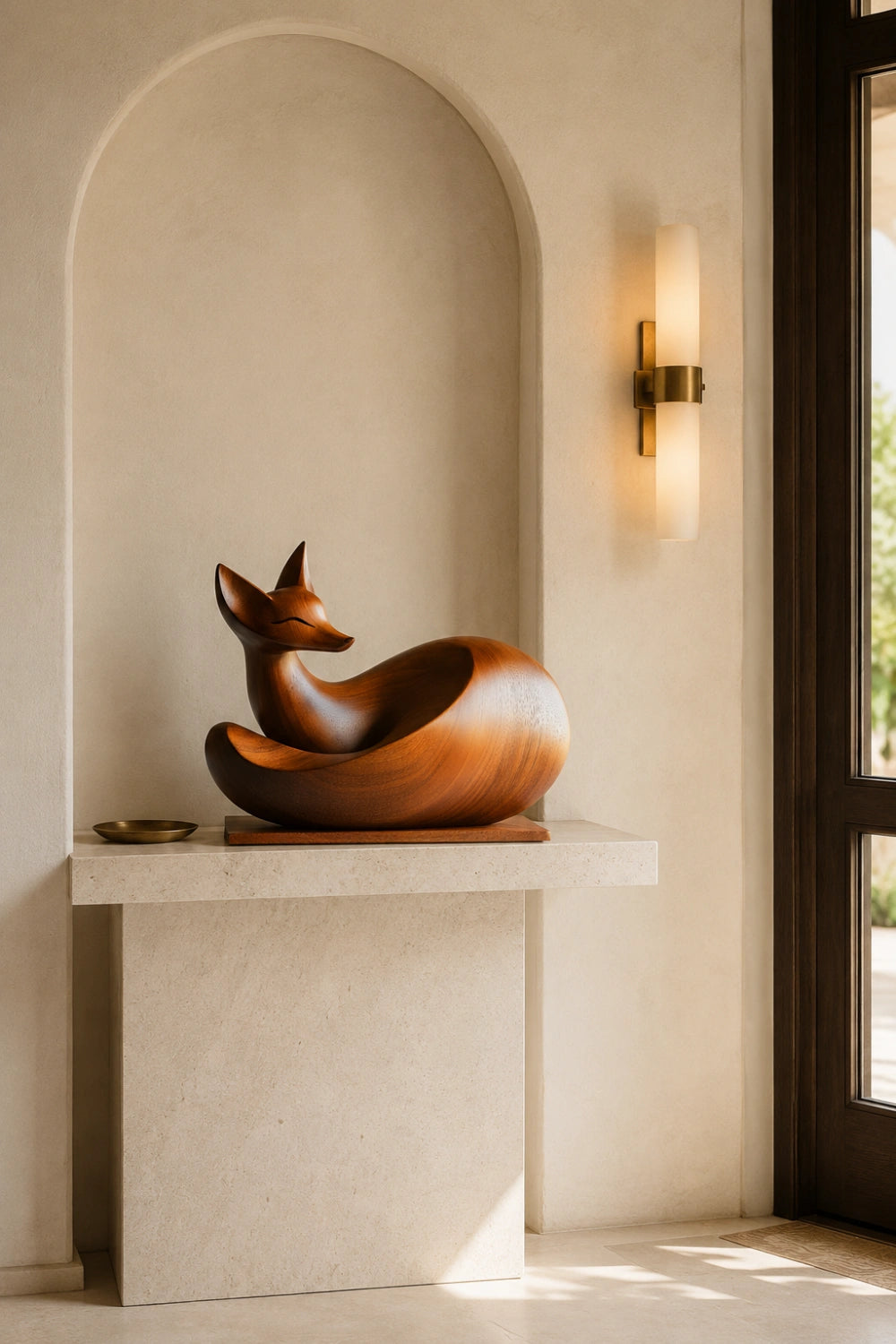 Polished Wood Fox Carving Sculpture | Elegant Woodland Animal Art