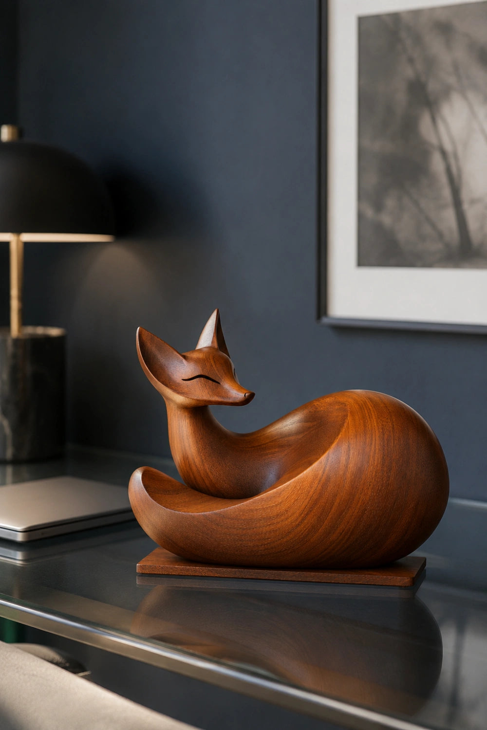 Polished Wood Fox Carving Sculpture | Elegant Woodland Animal Art