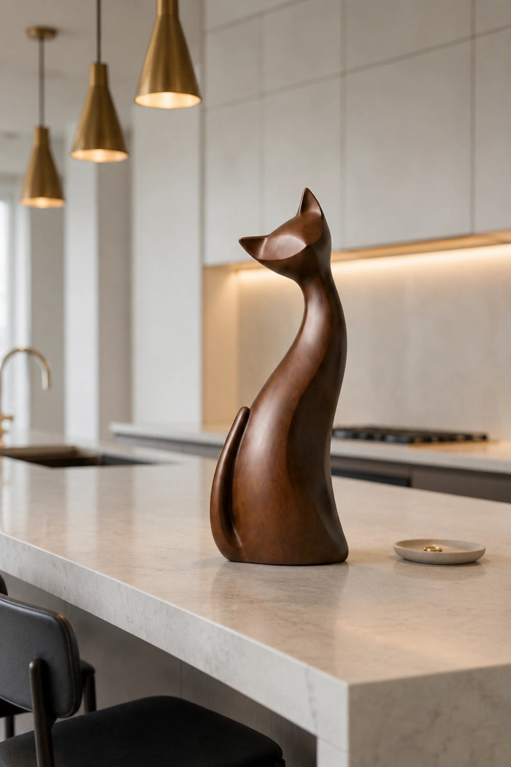 Sleek Wood Cat Silhouette Statue | Mid-Century Modern Feline Decor