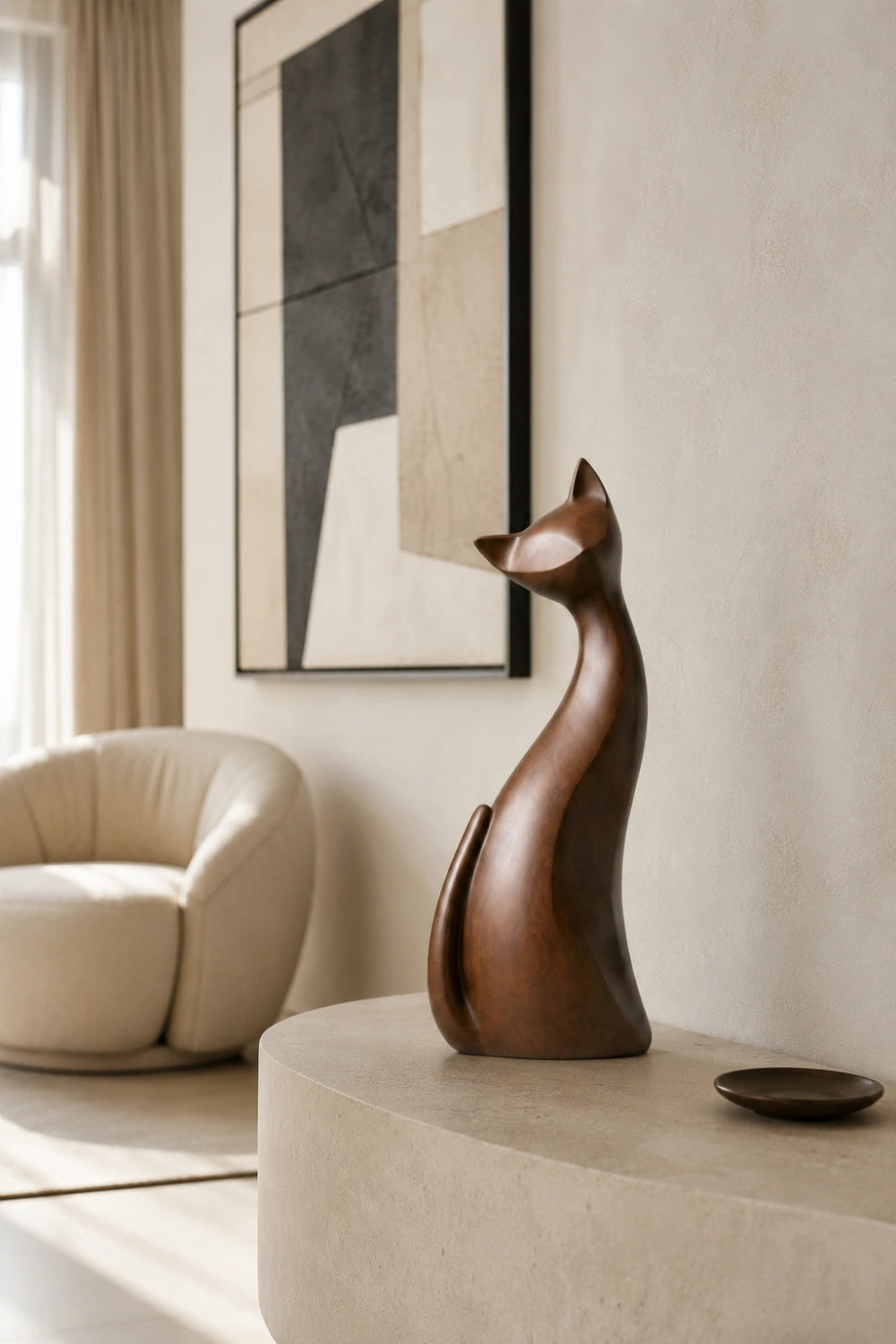 Sleek Wood Cat Silhouette Statue | Mid-Century Modern Feline Decor