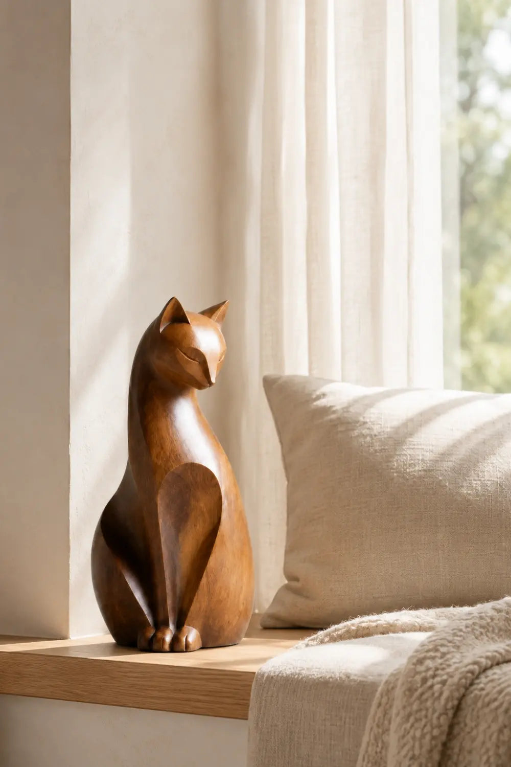 Art Deco Wooden Cat Statue | Exquisite Hardwood Animal Centerpiece
