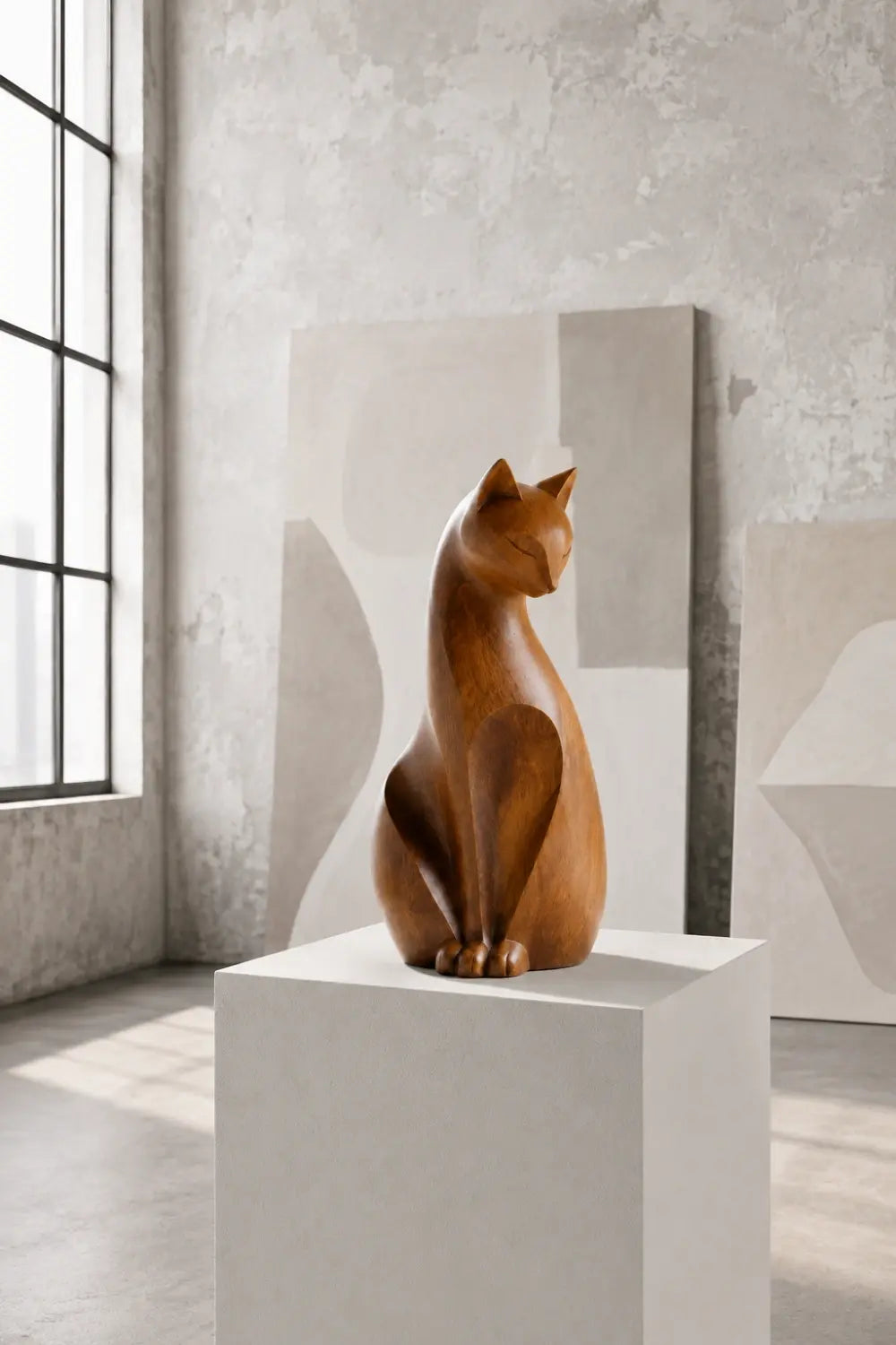 Art Deco Wooden Cat Statue | Exquisite Hardwood Animal Centerpiece