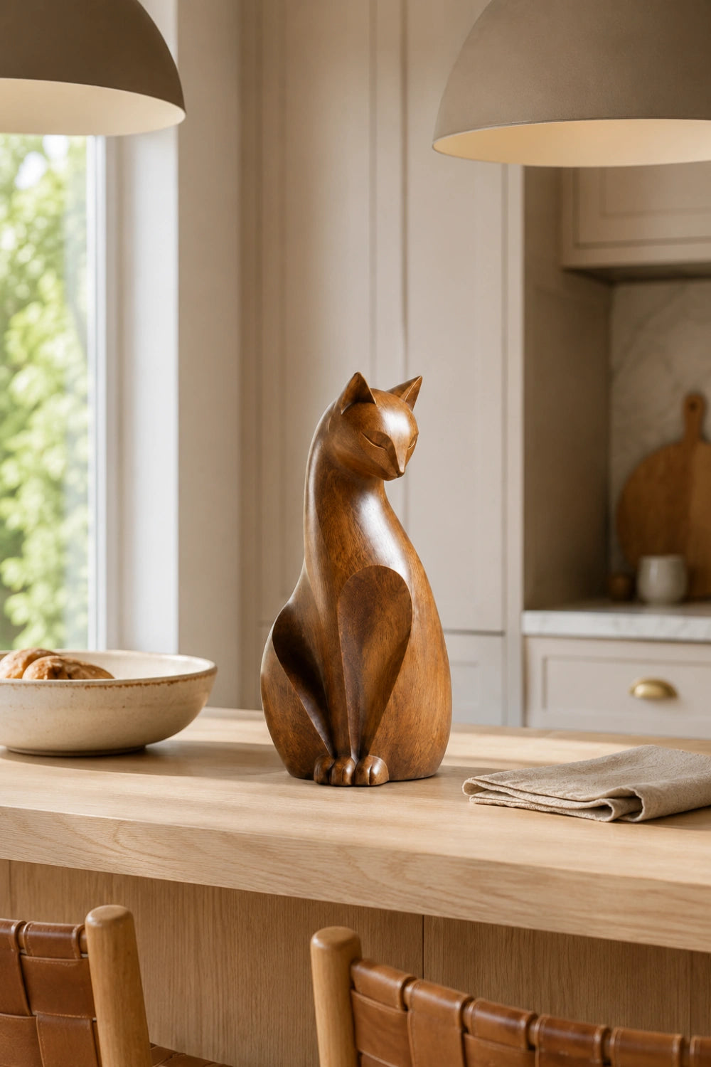 Art Deco Wooden Cat Statue | Exquisite Hardwood Animal Centerpiece