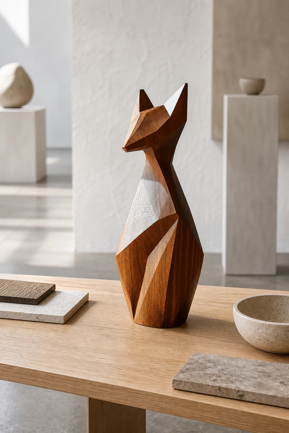 Faceted Wood Fox Sculpture| Modern Angular Polygon Decor
