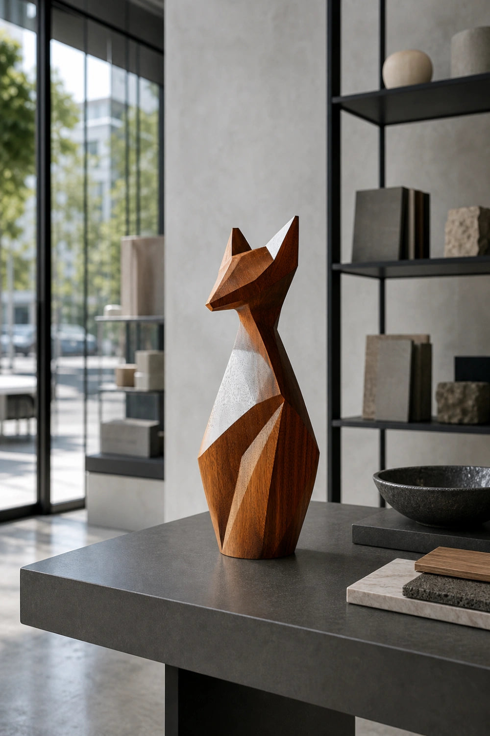 Faceted Wood Fox Sculpture| Modern Angular Polygon Decor
