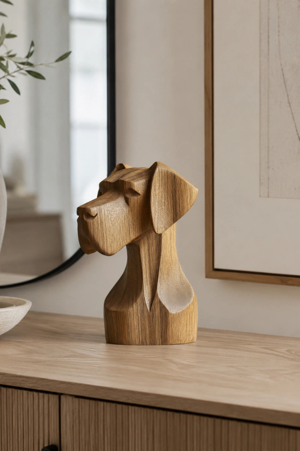 Architectural Wood Dog Sculpture | Regal Canine Bust Decor | Sophisticated Pet Gift