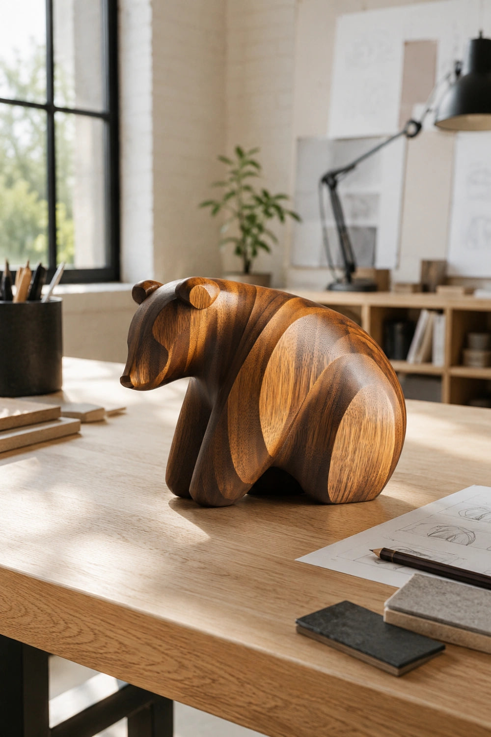 Abstract Wood Grizzly Bear Sculpture | Nordic Organic Wildlife Accent